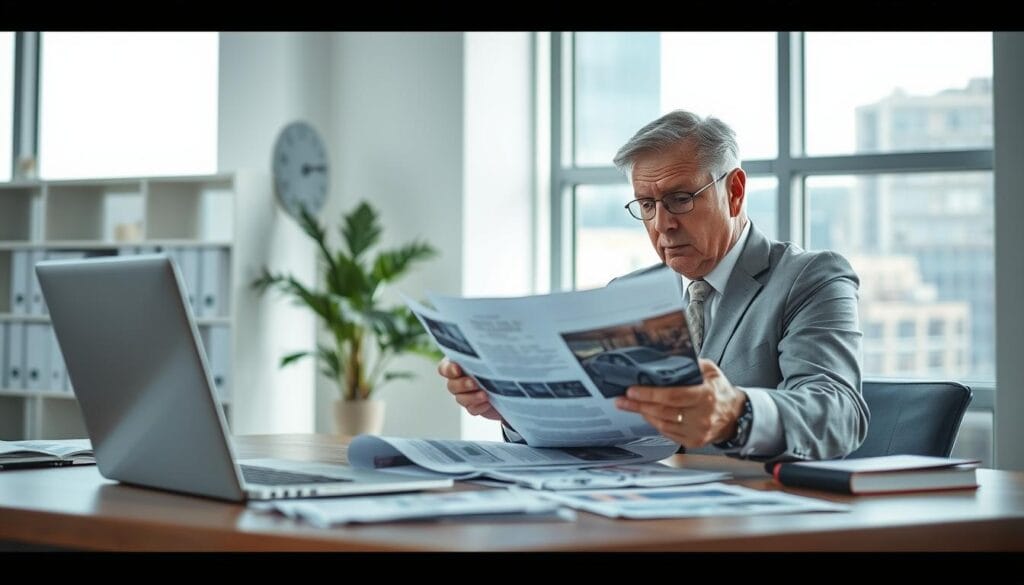 A professional insurance adjuster examining hidden damages in a brightly lit office setting. In the foreground, the adjuster, a middle-aged individual in formal business attire, is reviewing detailed reports and photographs of a recent accident. On the desk, there are visible documents and a laptop, showcasing charts and graphs related to damage assessment. The middle ground features shelves with insurance policy manuals and a potted plant, adding a touch of warmth. The background includes a large window allowing natural light to flood the room, with a cityscape visible outside. The atmosphere is focused and serious, highlighting the adjuster's dedication to uncovering all aspects of hidden damages. The angle is slightly elevated, capturing both the adjuster’s expression and the organized workspace.