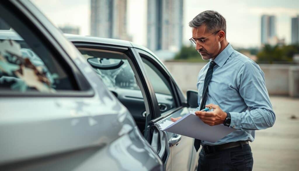 A professional insurance appraiser examining a damaged vehicle in an outdoor setting, showcasing a detailed analysis of the vehicle's condition. In the foreground, the appraiser, wearing business attire, is closely inspecting the car’s body with a notepad and pen in hand. In the middle, crumpled metal and shattered glass highlight the extent of the damage, emphasizing key areas of concern. The background features a blurred cityscape, subtly indicating an urban environment to contextualize the scene. Soft, natural lighting enhances the focus on the appraiser and the vehicle, creating a serious and analytical mood. The camera angle is slightly elevated, giving a comprehensive view of both the subject and the damaged vehicle, while maintaining a clear and professional aesthetic. A professional insurance appraiser examining a damaged vehicle in an outdoor setting, showcasing a detailed analysis of the vehicle's condition. In the foreground, the appraiser, wearing business attire, is closely inspecting the car’s body with a notepad and pen in hand. In the middle, crumpled metal and shattered glass highlight the extent of the damage, emphasizing key areas of concern. The background features a blurred cityscape, subtly indicating an urban environment to contextualize the scene. Soft, natural lighting enhances the focus on the appraiser and the vehicle, creating a serious and analytical mood. The camera angle is slightly elevated, giving a comprehensive view of both the subject and the damaged vehicle, while maintaining a clear and professional aesthetic.