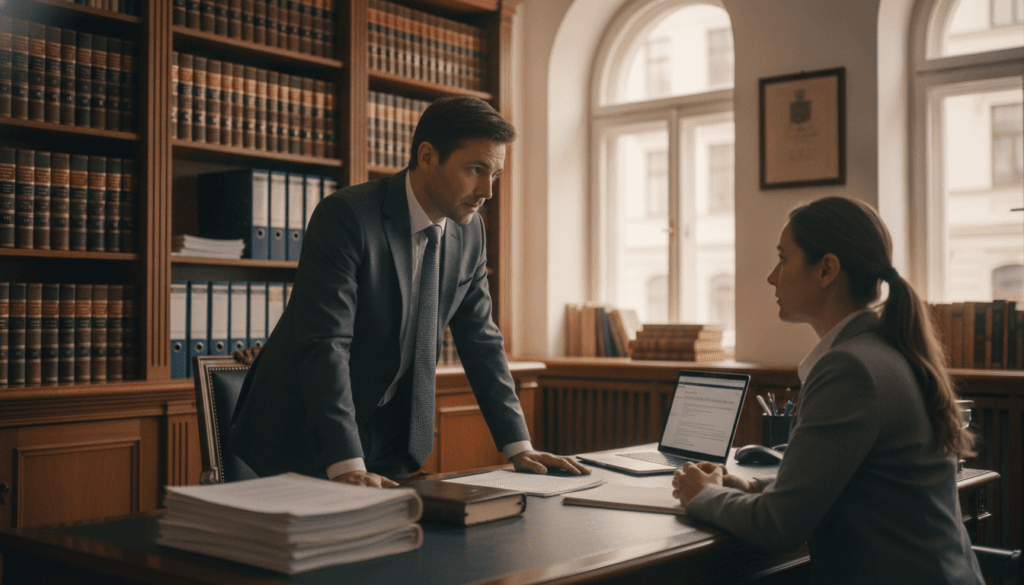 A professional lawyer's office in Germany, highlighting the essence of legal ethics. In the foreground, a well-dressed attorney in a tailored suit, focused and engaged in serious discussion with a client across a polished wooden desk. In the middle ground, shelves filled with law books, legal documents, and a laptop, reflecting an organized and knowledgeable environment. The background features large windows letting in soft, natural light, enhancing the atmosphere of professionalism and trust. The mood is serious yet optimistic, conveying a sense of responsibility and integrity. The lens captures a depth of field that emphasizes the interaction between the lawyer and client, symbolizing the importance of ethical legal practice. A professional lawyer's office in Germany, highlighting the essence of legal ethics. In the foreground, a well-dressed attorney in a tailored suit, focused and engaged in serious discussion with a client across a polished wooden desk. In the middle ground, shelves filled with law books, legal documents, and a laptop, reflecting an organized and knowledgeable environment. The background features large windows letting in soft, natural light, enhancing the atmosphere of professionalism and trust. The mood is serious yet optimistic, conveying a sense of responsibility and integrity. The lens captures a depth of field that emphasizes the interaction between the lawyer and client, symbolizing the importance of ethical legal practice.