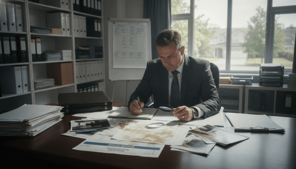A professional loss assessor examining property damage in a suburban office environment. In the foreground, a middle-aged male assessor, dressed in a formal suit, attentively analyzes a set of damaged documents spread on a wooden desk, his expression focused and serious. In the middle ground, shelves filled with files and insurance documentation create a sense of organized chaos, reflecting the complexity of damage evaluations. In the background, a large window allows soft, natural light to flood the room, casting gentle shadows and creating a contemplative atmosphere. The image conveys seriousness and professionalism, emphasizing the importance of accurate appraisals in understanding the extent of damage. A professional loss assessor examining property damage in a suburban office environment. In the foreground, a middle-aged male assessor, dressed in a formal suit, attentively analyzes a set of damaged documents spread on a wooden desk, his expression focused and serious. In the middle ground, shelves filled with files and insurance documentation create a sense of organized chaos, reflecting the complexity of damage evaluations. In the background, a large window allows soft, natural light to flood the room, casting gentle shadows and creating a contemplative atmosphere. The image conveys seriousness and professionalism, emphasizing the importance of accurate appraisals in understanding the extent of damage.