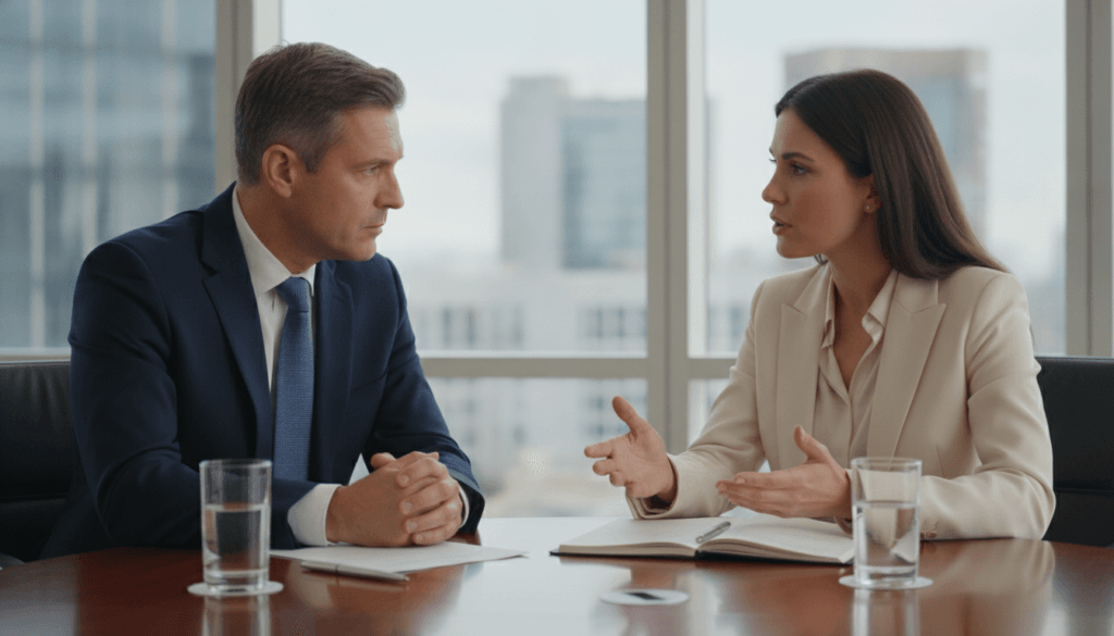 A professional meeting room where two individuals are engaged in mediation. In the foreground, a middle-aged male mediator dressed in a smart business suit, attentively listening to a female participant who is also in business attire, expressing her concerns. In the middle ground, a round table adorned with a notepad, pens, and a glass of water, symbolizing communication and collaboration. The background features large windows letting in natural light, highlighting the serene atmosphere. Soft shadows fall across the scene, creating a calm, focused mood. The angle is slightly elevated, capturing the interaction clearly while maintaining a professional ambiance. The overall image conveys a sense of cooperation and resolution, ideal for illustrating conflict mediation. A professional meeting room where two individuals are engaged in mediation. In the foreground, a middle-aged male mediator dressed in a smart business suit, attentively listening to a female participant who is also in business attire, expressing her concerns. In the middle ground, a round table adorned with a notepad, pens, and a glass of water, symbolizing communication and collaboration. The background features large windows letting in natural light, highlighting the serene atmosphere. Soft shadows fall across the scene, creating a calm, focused mood. The angle is slightly elevated, capturing the interaction clearly while maintaining a professional ambiance. The overall image conveys a sense of cooperation and resolution, ideal for illustrating conflict mediation.