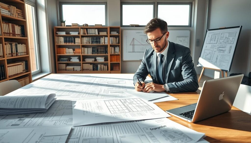 A professional office environment depicting the concept of German law in the verification of cost estimates. In the foreground, a serious businessperson in professional attire, deeply focused on analyzing legal documents with a laptop open beside them. In the middle ground, a large table covered with detailed blueprints and cost analysis sheets. Soft, natural lighting filters in from large windows, casting gentle shadows, creating a contemplative atmosphere. The background features bookshelves filled with legal texts and a whiteboard covered in diagrams and notes. Aim for a clear, organized composition that conveys professionalism and the meticulous nature of legal verification in the context of cost estimation. A professional office environment depicting the concept of German law in the verification of cost estimates. In the foreground, a serious businessperson in professional attire, deeply focused on analyzing legal documents with a laptop open beside them. In the middle ground, a large table covered with detailed blueprints and cost analysis sheets. Soft, natural lighting filters in from large windows, casting gentle shadows, creating a contemplative atmosphere. The background features bookshelves filled with legal texts and a whiteboard covered in diagrams and notes. Aim for a clear, organized composition that conveys professionalism and the meticulous nature of legal verification in the context of cost estimation.