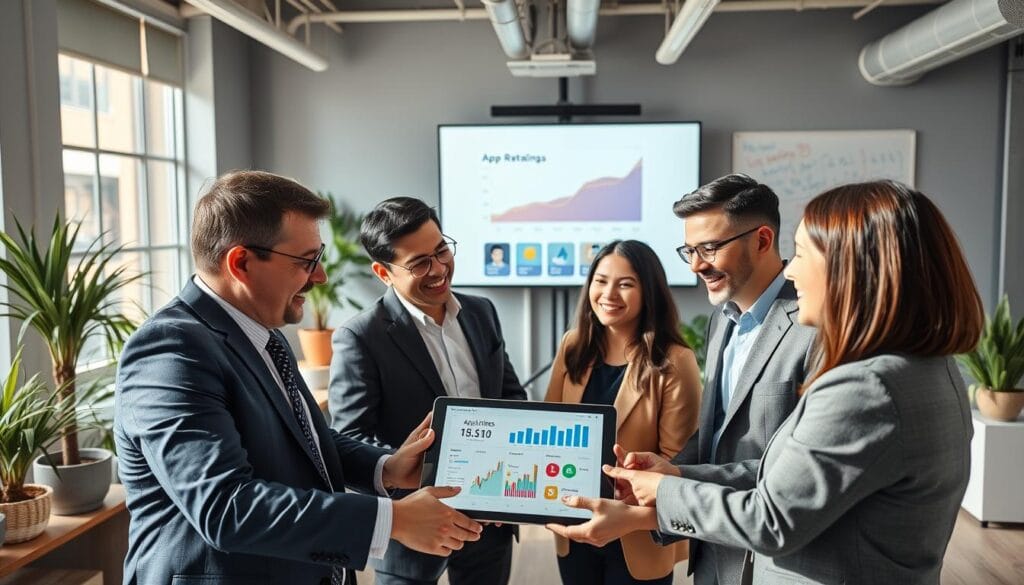 A professional office environment showcasing an app store optimization workshop. In the foreground, a diverse group of three business professionals, two men and one woman, are engaged in a lively discussion around a digital tablet displaying analytics and app performance metrics. They are dressed in smart business attire. In the middle, there's a large screen projecting a clear infographic showing a positive trend in app ratings over time. In the background, office elements like potted plants and a whiteboard filled with brainstorming notes complement the scene. The lighting is bright and natural, creating an energetic atmosphere, highlighting the collaborative spirit of the team. The angle is slightly elevated, providing a comprehensive view of the interaction and workspace. A professional office environment showcasing an app store optimization workshop. In the foreground, a diverse group of three business professionals, two men and one woman, are engaged in a lively discussion around a digital tablet displaying analytics and app performance metrics. They are dressed in smart business attire. In the middle, there's a large screen projecting a clear infographic showing a positive trend in app ratings over time. In the background, office elements like potted plants and a whiteboard filled with brainstorming notes complement the scene. The lighting is bright and natural, creating an energetic atmosphere, highlighting the collaborative spirit of the team. The angle is slightly elevated, providing a comprehensive view of the interaction and workspace.