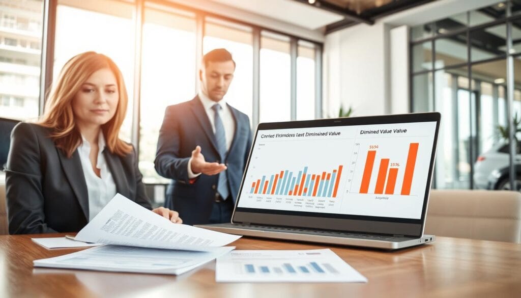 A professional office scene depicting a meeting between two individuals discussing a car accident claim. In the foreground, a well-dressed businesswoman reviews documents on a table, with one document prominently showing figures related to diminished value. In the middle ground, a man in a suit gestures towards a laptop displaying graphs about car valuation post-accident. The background features a modern office setting with large windows letting in natural light, creating a warm and productive atmosphere. The lighting is soft and inviting, emphasizing the seriousness of the discussion while maintaining an air of professionalism. Use a wide-angle lens to capture the entire scene, highlighting the focus on documentation and serious dialogue about claims. A professional office scene depicting a meeting between two individuals discussing a car accident claim. In the foreground, a well-dressed businesswoman reviews documents on a table, with one document prominently showing figures related to diminished value. In the middle ground, a man in a suit gestures towards a laptop displaying graphs about car valuation post-accident. The background features a modern office setting with large windows letting in natural light, creating a warm and productive atmosphere. The lighting is soft and inviting, emphasizing the seriousness of the discussion while maintaining an air of professionalism. Use a wide-angle lens to capture the entire scene, highlighting the focus on documentation and serious dialogue about claims.