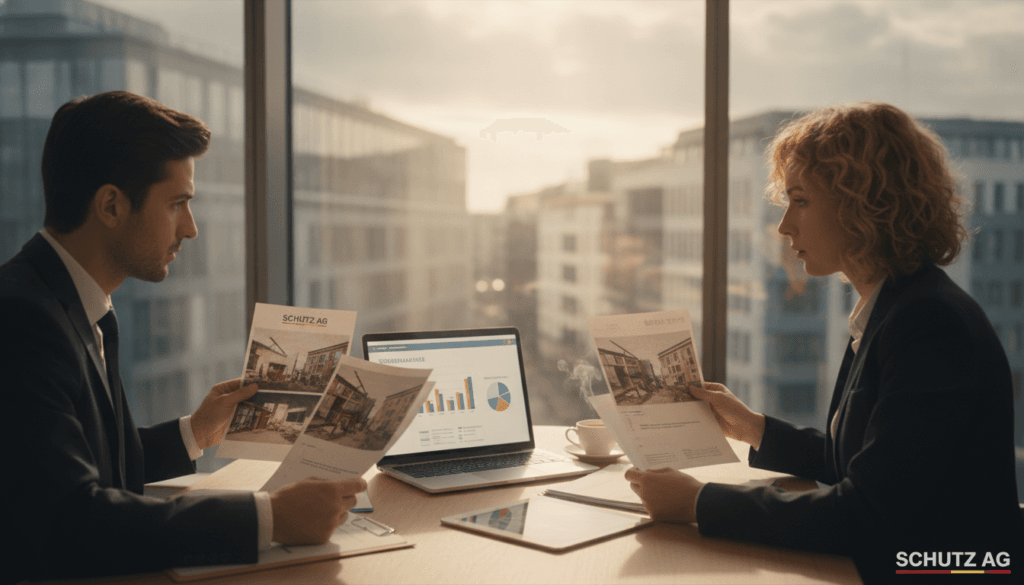A professional office scene in Germany, focusing on an insurance adjuster reviewing documents related to property damage claims. In the foreground, a diverse male and female insurance agent in smart business attire, examining photographs and official papers on a sleek wooden desk. In the middle, a clear view of an open laptop displaying insurance-related charts and data, along with a coffee cup. The background features a large window with natural sunlight illuminating the room, revealing a blurred cityscape of modern German architecture. The atmosphere is one of diligence and professionalism, conveying trust and clarity in the claims process. Soft, warm lighting enhances the overall mood, creating a sense of calm and focus. A professional office scene in Germany, focusing on an insurance adjuster reviewing documents related to property damage claims. In the foreground, a diverse male and female insurance agent in smart business attire, examining photographs and official papers on a sleek wooden desk. In the middle, a clear view of an open laptop displaying insurance-related charts and data, along with a coffee cup. The background features a large window with natural sunlight illuminating the room, revealing a blurred cityscape of modern German architecture. The atmosphere is one of diligence and professionalism, conveying trust and clarity in the claims process. Soft, warm lighting enhances the overall mood, creating a sense of calm and focus.