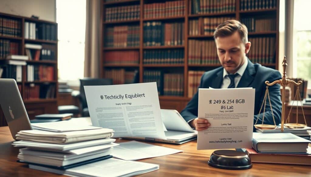A professional office setting filled with legal books and documents, prominently featuring German law texts referencing §§ 249 and 254 BGB. In the foreground, a well-dressed lawyer examines a legal document, displaying a look of concentration and diligence. The middle ground showcases a wooden desk cluttered with paper stacks, a laptop, and a legal scale symbolizing justice. In the background, a large bookshelf filled with law books creates a scholarly ambiance, softly illuminated by warm, natural light filtering through a window. The overall mood conveys seriousness and professionalism, emphasizing the importance of legal advice in the context of repairs that must be technically equivalent. The scene suggests authority and expertise.
