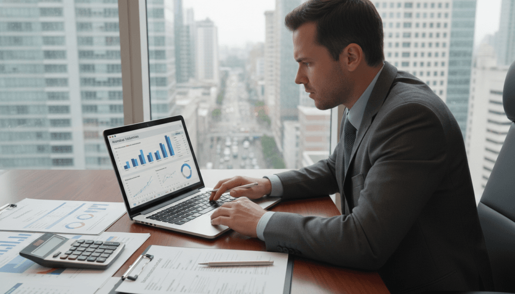 A professional office setting, showcasing a digital laptop displaying a car valuation tool on the screen, with graphs and metrics related to automotive repair costs. In the foreground, a calculator and paperwork related to vehicle assessment, including repair quotes, enhance the theme of financial evaluation. In the middle, a person dressed in professional business attire is analyzing the data, portraying a focused expression of determination. In the background, a window reveals a cityscape, suggesting a bustling urban environment. The scene is illuminated with soft, natural lighting to create a calm and serious atmosphere, capturing the essence of meticulous evaluation and informed decisions regarding vehicle compensation. The angle should be slightly tilted from the side to provide depth and context to the workspace.