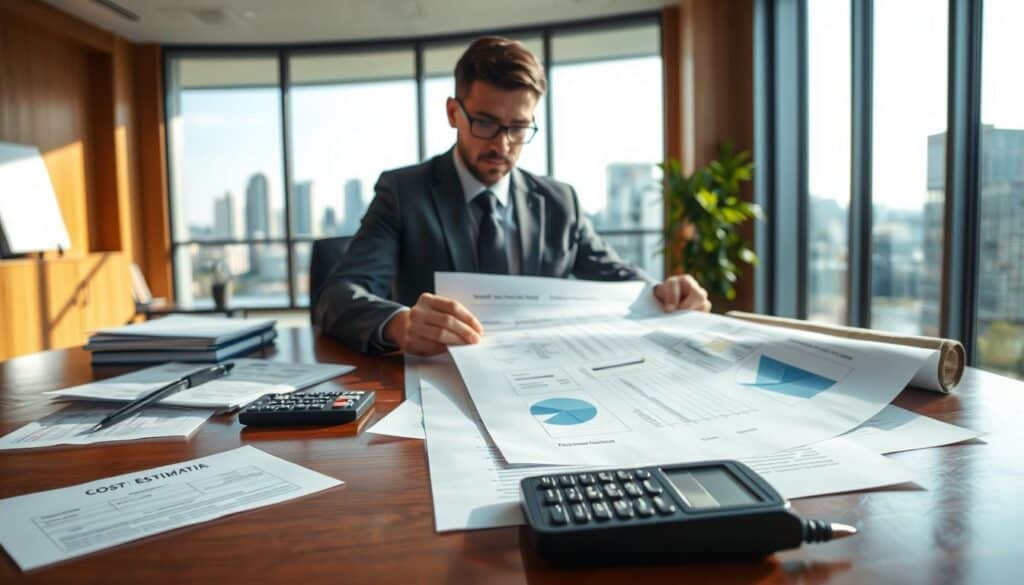A professional office setting with a polished wooden desk in the foreground, strewn with various legal documents, a calculator, and a blueprint of a construction project, symbolizing cost estimation. In the middle ground, a focused individual in business attire, possibly a lawyer or architect, is reviewing a large, detailed cost estimate document, highlighting its importance in legal aspects. In the background, there is a large window allowing natural light to spill in, casting an airy atmosphere, with a view of a city skyline to emphasize the professional context. The lighting is bright and inviting, creating a sense of clarity and seriousness, perfect for conveying the essential relationship between law and cost estimation in engineering projects. A professional office setting with a polished wooden desk in the foreground, strewn with various legal documents, a calculator, and a blueprint of a construction project, symbolizing cost estimation. In the middle ground, a focused individual in business attire, possibly a lawyer or architect, is reviewing a large, detailed cost estimate document, highlighting its importance in legal aspects. In the background, there is a large window allowing natural light to spill in, casting an airy atmosphere, with a view of a city skyline to emphasize the professional context. The lighting is bright and inviting, creating a sense of clarity and seriousness, perfect for conveying the essential relationship between law and cost estimation in engineering projects.