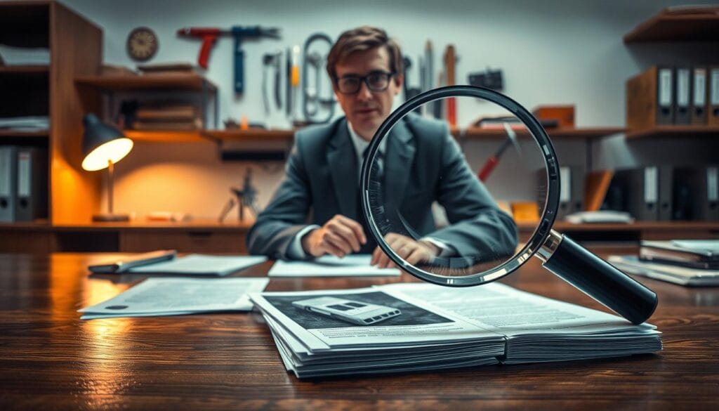 A professional office setting with an emphasis on documenting hidden damages. In the foreground, a person in business attire, focused and diligent, is carefully examining a stack of documents spread across a polished wooden desk, illuminated by soft, warm lighting. The middle ground features a large, detailed magnifying glass hovering above a faded photograph showing signs of damage, symbolizing the investigation process. In the background, a wall lined with shelves holds various tools and files related to assessments, subtly conveying a sense of professionalism and order. The overall mood is serious and contemplative, reflecting a thorough approach to damage documentation. The angle is slightly elevated, giving a comprehensive view of the setting and emphasizing the importance of meticulous attention to detail. A professional office setting with an emphasis on documenting hidden damages. In the foreground, a person in business attire, focused and diligent, is carefully examining a stack of documents spread across a polished wooden desk, illuminated by soft, warm lighting. The middle ground features a large, detailed magnifying glass hovering above a faded photograph showing signs of damage, symbolizing the investigation process. In the background, a wall lined with shelves holds various tools and files related to assessments, subtly conveying a sense of professionalism and order. The overall mood is serious and contemplative, reflecting a thorough approach to damage documentation. The angle is slightly elevated, giving a comprehensive view of the setting and emphasizing the importance of meticulous attention to detail.