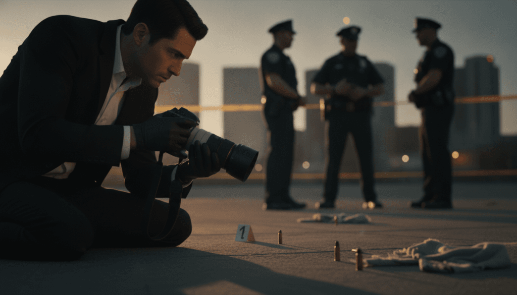 A professional photographer capturing images at a crime scene during the golden hour. In the foreground, a focused individual in a smart black jacket and white shirt kneels on the ground, examining an area with a camera in hand, while wearing gloves. The middle ground features evidence markers and scattered items indicative of a recent event, subtly illuminated by the warm sunlight. In the background, police officers are seen discussing and securing the perimeter, with a blurred cityscape creating context. The lighting is soft and dramatic, enhancing the seriousness of the scene. The overall mood is attentive and meticulous, evoking a sense of urgency and professionalism in documenting crucial details.