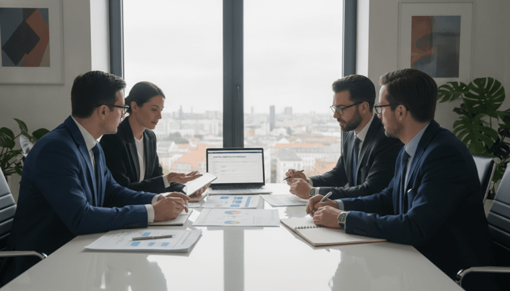 A professional scene depicting a legal consultation for car accident claims in Germany. Foreground features a diverse group of three professionals in business attire, discussing documents and charts on a modern conference table. Middle ground includes a laptop displaying accident claim forms and a notepad with notes. Background shows large windows allowing natural light to flood into the office, enhancing a sense of transparency and trust. The office is decorated with tasteful art and plants, contributing to a calm atmosphere. Soft, diffused lighting illuminates the scene, creating an inviting and professional mood. The angle captures both the individuals and their collaborative efforts, emphasizing teamwork in navigating legal complexities post-accident. A professional scene depicting a legal consultation for car accident claims in Germany. Foreground features a diverse group of three professionals in business attire, discussing documents and charts on a modern conference table. Middle ground includes a laptop displaying accident claim forms and a notepad with notes. Background shows large windows allowing natural light to flood into the office, enhancing a sense of transparency and trust. The office is decorated with tasteful art and plants, contributing to a calm atmosphere. Soft, diffused lighting illuminates the scene, creating an inviting and professional mood. The angle captures both the individuals and their collaborative efforts, emphasizing teamwork in navigating legal complexities post-accident.