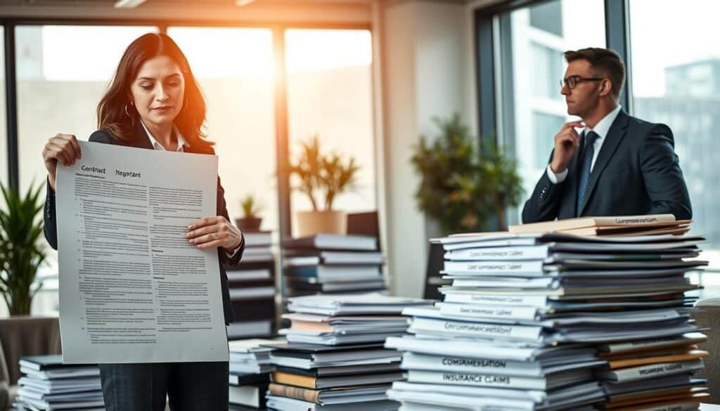 A professional setting depicting a dispute resolution in insurance claims. In the foreground, a confident businesswoman dressed in a smart suit stands beside a large, detailed contract, pointing at a specific clause, while a thoughtful businessman in formal attire listens intently. In the middle ground, there are stacks of paperwork and files labeled with terms like "compensation" and "insurance claims". The background features a modern office with large windows letting in soft, natural light, casting a warm glow on the scene. The atmosphere is tense yet hopeful, suggesting negotiation and collaboration. The angle is slightly elevated, capturing both the individuals and the surrounding details, highlighting the seriousness of the legal discussion.