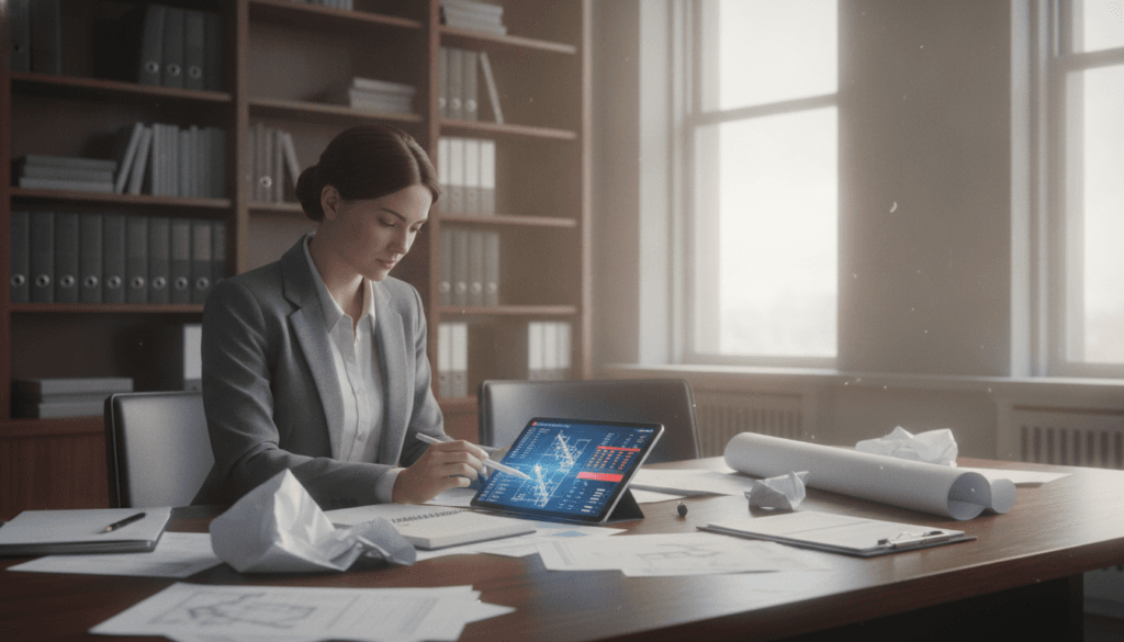 A professional setting depicting damage assessment in an office environment. In the foreground, a diligent technician in business attire is carefully examining documents spread across a table, including a tablet showing structural diagrams and measured damage reports. The middle layer features shelves filled with reference books and manuals related to damage evaluation. In the background, large windows let in soft, natural light, casting a warm glow throughout the room. The atmosphere is focused and analytical, suggesting a thorough investigation process. Capture the details with a slightly angled perspective to enhance depth, using soft lighting to create a calm, professional mood conducive to technical assessment and analysis. A professional setting depicting damage assessment in an office environment. In the foreground, a diligent technician in business attire is carefully examining documents spread across a table, including a tablet showing structural diagrams and measured damage reports. The middle layer features shelves filled with reference books and manuals related to damage evaluation. In the background, large windows let in soft, natural light, casting a warm glow throughout the room. The atmosphere is focused and analytical, suggesting a thorough investigation process. Capture the details with a slightly angled perspective to enhance depth, using soft lighting to create a calm, professional mood conducive to technical assessment and analysis.