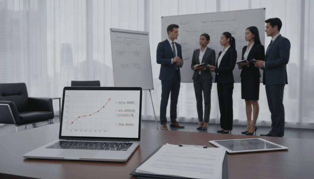 A professional setting depicting the timelines for evaluating damage assessment. In the foreground, a neatly organized desk with a laptop displaying a graph, and documents with dates and timelines clearly visible, emphasizing urgency. In the middle ground, a group of diverse professionals in business attire discussing the assessment process, showing collaboration and focus, with one person pointing to a detailed timeline chart on the wall. The background features a sleek office environment with large windows letting in soft, ambient light, creating a productive atmosphere. The overall mood is serious yet collaborative, reflecting the importance of timely evaluations in damage assessment. The image should convey clarity and professionalism, free from any textual elements or distractions. A professional setting depicting the timelines for evaluating damage assessment. In the foreground, a neatly organized desk with a laptop displaying a graph, and documents with dates and timelines clearly visible, emphasizing urgency. In the middle ground, a group of diverse professionals in business attire discussing the assessment process, showing collaboration and focus, with one person pointing to a detailed timeline chart on the wall. The background features a sleek office environment with large windows letting in soft, ambient light, creating a productive atmosphere. The overall mood is serious yet collaborative, reflecting the importance of timely evaluations in damage assessment. The image should convey clarity and professionalism, free from any textual elements or distractions.