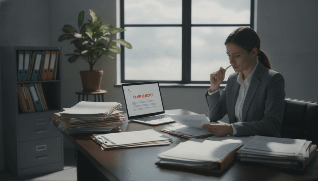 A professional, somber office interior illustrating the concept of insurance claims documentation, focusing on a wooden desk cluttered with essential paperwork, claim forms, and a laptop showing a rejection notice. In the foreground, a well-dressed businesswoman with a contemplative expression examines the documents, highlighting determination and clarity. In the middle ground, a potted plant adds a touch of life, while a file cabinet filled with neatly organized folders stands to the side, signifying order amidst chaos. The background features a large window allowing soft, natural light to filter in, casting gentle shadows that enhance the atmosphere of seriousness and professionalism. The overall mood is reflective and focused, encouraging the viewer to consider the importance of documentation in the claims process.