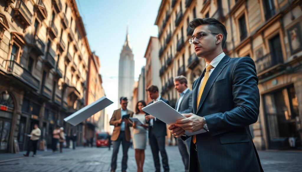 A professional surveyor in a sharp business suit stands confidently in the foreground, holding a clipboard and examining an old, large building from various angles. In the middle ground, a diverse team of appraisers discusses property valuation while referencing documents and digital tablets. The background showcases a bustling urban environment with clear blue skies and soft sunlight filtering through. The lighting is bright but soft, casting gentle shadows to create a professional atmosphere. The scene conveys focus and determination, emphasizing the importance of appraisers in the property insurance process. The composition is balanced, with a slight depth of field effect that keeps the appraisers in sharp focus against a slightly blurred background.