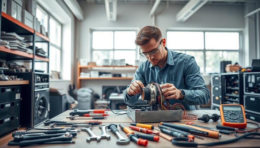 A professional technician carefully disassembling complex technical equipment in a well-organized workspace. In the foreground, there are various tools such as wrenches, screwdrivers, and a digital multimeter resting on a sturdy workbench. The technician, dressed in a modest blue shirt and safety goggles, is focused on an intricate device, illustrating the meticulous nature of the dismantling process. The middle ground features shelves lined with labeled parts and manuals, highlighting the importance of documentation. In the background, large windows let in natural light, casting a clean, bright atmosphere over the scene. The overall mood is professional and focused, emphasizing the precision and care involved in the disassembly process of technical equipment.