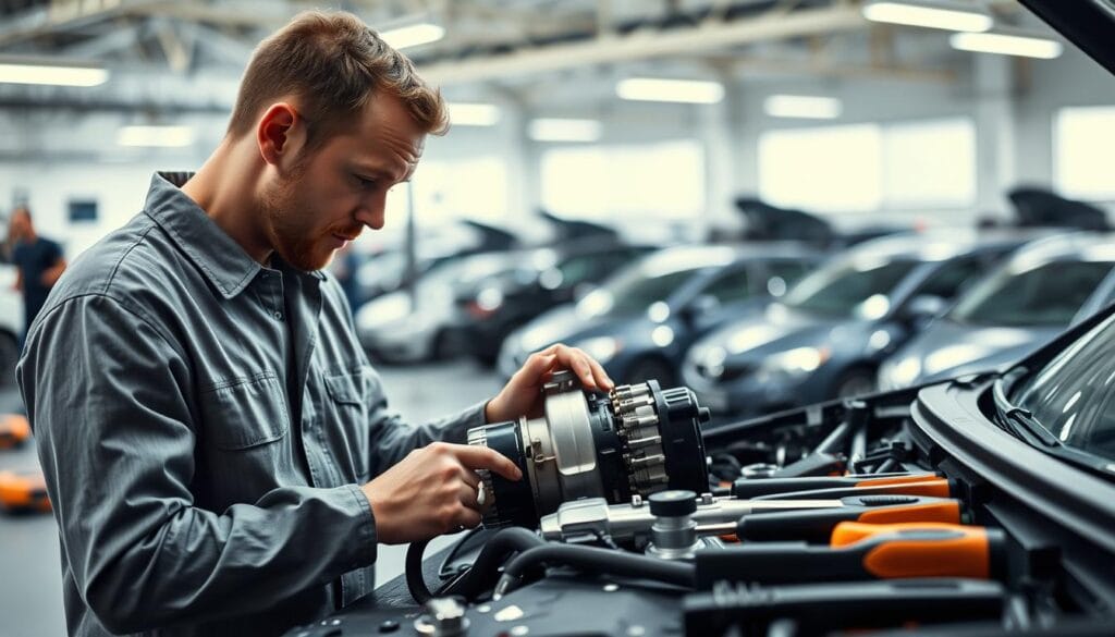 A professional workshop setting, focused on vehicle repairs, with a mechanic inspecting a modern vehicle's engine in the foreground. The mechanic, wearing a clean, professional coverall, is meticulously studying a complex engine component, embodying concentration and diligence. In the middle ground, showcase various automotive tools neatly arranged on a workbench, highlighting the technical aspect of the repair process. The background features a well-lit garage filled with new and valuable vehicles, creating a sense of innovation and quality. The overall ambiance is serious and focused, with bright overhead lighting casting soft shadows that enhance the details of the scene. The composition emphasizes the importance of precision in vehicle repairs while avoiding common mistakes.