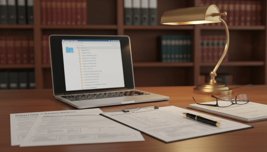 A professional workspace showcasing essential documentation for a claim submission. In the foreground, a neatly organized desk features a variety of important documents such as forms, checklists, and a pen, all well-arranged. In the middle, a laptop displays an open folder with digital versions of the same documents, illuminated softly by a warm desk lamp. The background includes a bookshelf filled with legal books and manuals, adding depth to the setting. The atmosphere is calm and focused, emphasizing the importance of thoroughness and professionalism in documentation. The lighting is warm and inviting, creating a sense of order and reliability, with a subtle depth of field effect to draw attention to the desk area.
