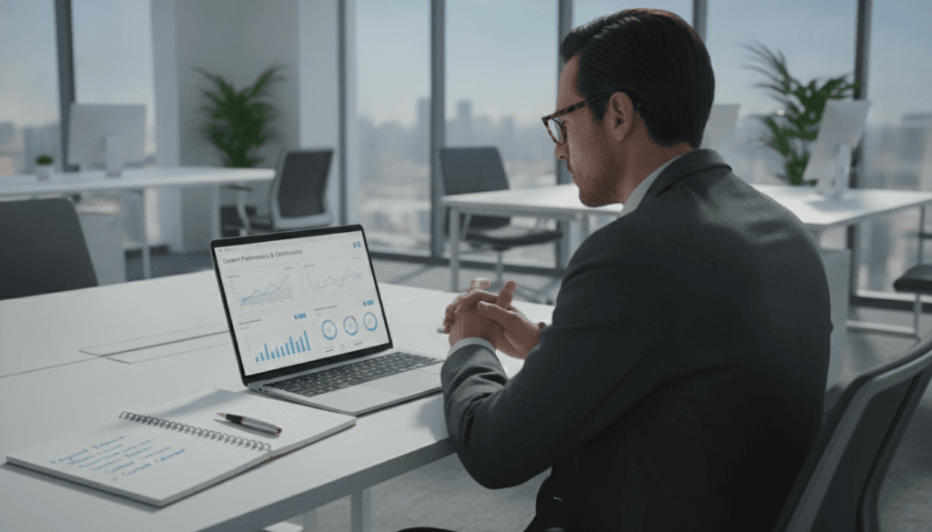 A professional workspace showcasing the concept of content optimization. In the foreground, a sleek laptop displaying a clean, organized interface with charts and analytics related to content preparation. A notepad with handwritten notes is nearby, along with a high-quality pen, emphasizing the importance of planning. In the middle, a focused individual in professional business attire, looking thoughtfully at the screen, embodying concentration and diligence. The background features a modern office with large windows allowing natural light to flood the space, creating a bright and inviting atmosphere. The overall mood conveys professionalism and meticulous preparation, with soft shadows adding depth to the scene, captured in a wide-angle shot for an engaging view. A professional workspace showcasing the concept of content optimization. In the foreground, a sleek laptop displaying a clean, organized interface with charts and analytics related to content preparation. A notepad with handwritten notes is nearby, along with a high-quality pen, emphasizing the importance of planning. In the middle, a focused individual in professional business attire, looking thoughtfully at the screen, embodying concentration and diligence. The background features a modern office with large windows allowing natural light to flood the space, creating a bright and inviting atmosphere. The overall mood conveys professionalism and meticulous preparation, with soft shadows adding depth to the scene, captured in a wide-angle shot for an engaging view.