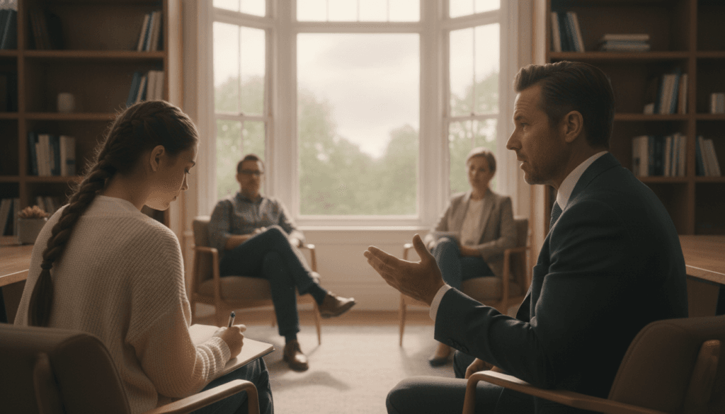 A serene and contemplative office setting featuring a diverse group of four professionals engaged in a thoughtful discussion. In the foreground, a middle-aged man in formal business attire provides insight, while a young woman in modest casual clothing takes notes. The middle ground shows a large window allowing soft, natural light to flood the room, creating an inviting atmosphere. In the background, shelves filled with books on psychology and stress management enhance the intellectual ambiance. The lighting is warm and diffuse, casting gentle shadows to evoke a sense of calm and introspection. The overall mood is one of reflection and analytical thought, conveying how stress can influence psychological processes in a workplace environment.