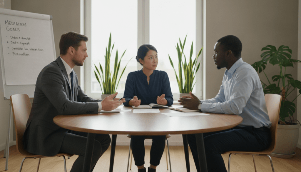 A serene and professional mediation scene set in a modern conference room in Germany. In the foreground, a diverse group of three individuals—two men and one woman—dressed in smart business attire, are engaged in a focused discussion, seated around a sleek wooden table. The middle ground features a neutral backdrop with soft natural lighting streaming through large windows, creating an inviting atmosphere. A whiteboard can be seen in the corner with outlines of mediation points. In the background, there are potted plants adding a touch of greenery. The overall mood is calm and constructive, reflecting a sense of collaboration and resolution. Use a shallow depth of field to emphasize the participants while softly blurring the background. A serene and professional mediation scene set in a modern conference room in Germany. In the foreground, a diverse group of three individuals—two men and one woman—dressed in smart business attire, are engaged in a focused discussion, seated around a sleek wooden table. The middle ground features a neutral backdrop with soft natural lighting streaming through large windows, creating an inviting atmosphere. A whiteboard can be seen in the corner with outlines of mediation points. In the background, there are potted plants adding a touch of greenery. The overall mood is calm and constructive, reflecting a sense of collaboration and resolution. Use a shallow depth of field to emphasize the participants while softly blurring the background.