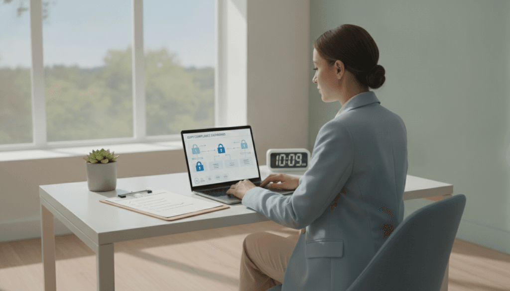 A serene office environment highlighting data privacy compliance related to personal data regulations. In the foreground, a professional-looking woman in business attire is carefully reviewing a document on a modern laptop, focusing on data protection measures. In the middle ground, a neatly organized workspace includes a clipboard with checklists about personal data safety, a plant, and a digital clock indicating time. The background features a large window with soft natural light filtering in, casting gentle shadows, creating a calm and focused atmosphere. Incorporate a light color palette with soft greens and blues to emphasize clarity and professionalism, suggesting a commitment to GDPR compliance and thoughtful data management practices. A serene office environment highlighting data privacy compliance related to personal data regulations. In the foreground, a professional-looking woman in business attire is carefully reviewing a document on a modern laptop, focusing on data protection measures. In the middle ground, a neatly organized workspace includes a clipboard with checklists about personal data safety, a plant, and a digital clock indicating time. The background features a large window with soft natural light filtering in, casting gentle shadows, creating a calm and focused atmosphere. Incorporate a light color palette with soft greens and blues to emphasize clarity and professionalism, suggesting a commitment to GDPR compliance and thoughtful data management practices.