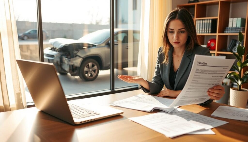A serene office setting with a professional-looking businesswoman reviewing a damaged vehicle's appraisal. In the foreground, a modern desk with paperwork and a laptop open to a valuation report. In the middle ground, a large window revealing a partially wrecked car parked outside, sunlight casting soft shadows, emphasizing the car's flaws. The background features a bookshelf with automotive reference books and a potted plant for a touch of greenery. The lighting is warm and inviting, suggesting a productive atmosphere. The mood conveys a sense of thorough analysis and reflection on the vehicle's pre-accident value, highlighting the importance of accurate assessments. A serene office setting with a professional-looking businesswoman reviewing a damaged vehicle's appraisal. In the foreground, a modern desk with paperwork and a laptop open to a valuation report. In the middle ground, a large window revealing a partially wrecked car parked outside, sunlight casting soft shadows, emphasizing the car's flaws. The background features a bookshelf with automotive reference books and a potted plant for a touch of greenery. The lighting is warm and inviting, suggesting a productive atmosphere. The mood conveys a sense of thorough analysis and reflection on the vehicle's pre-accident value, highlighting the importance of accurate assessments.