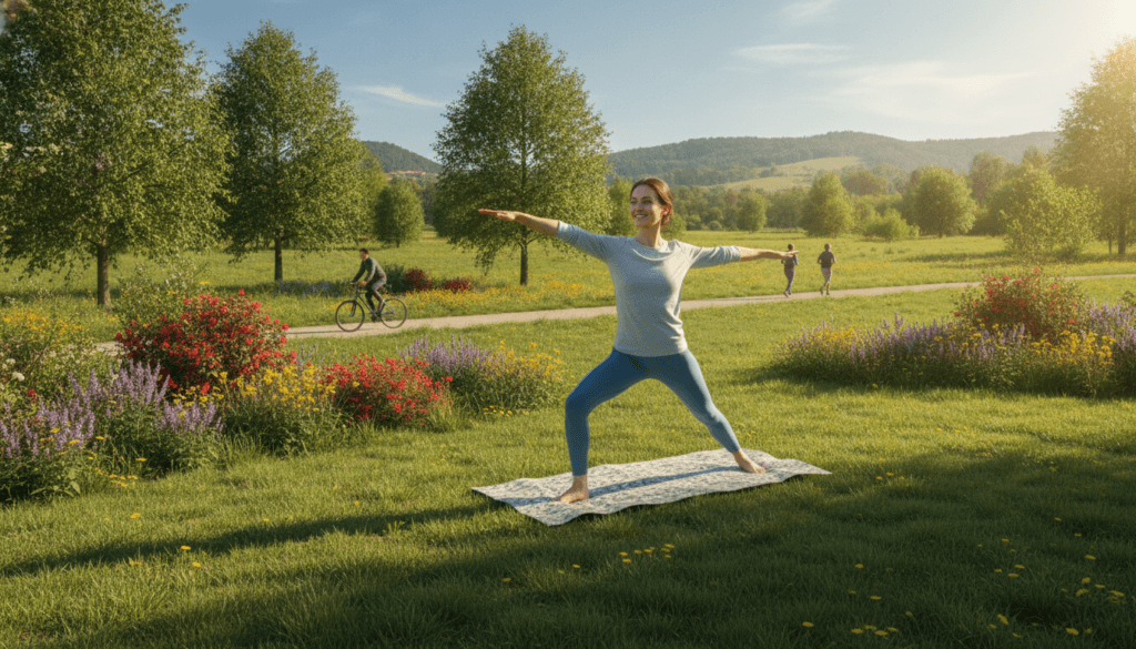 A serene scene depicting a person who has recovered from an accident, engaging in a healthy lifestyle. In the foreground, a confidently smiling individual in modest athletic wear practices yoga on a mat in a bright, sunlit park. The middle ground features lush greenery and vibrant flowers, with a few people jogging and biking, symbolizing an active community. In the background, soft rolling hills fade into a clear blue sky, providing a peaceful atmosphere. The warm sunlight casts gentle shadows, creating a tranquil ambiance. Capture the mood of resilience and positivity, emphasizing the importance of well-being after adversity. Use a wide-angle lens to encompass the lively environment, highlighting the harmonious balance between nature and personal health.