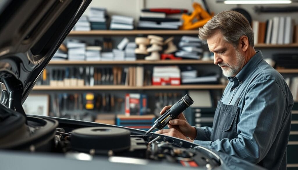 A skilled mechanic in a modern vehicle repair shop, focused on meticulously fixing a valuable car model, showcasing attention to detail and professionalism. In the foreground, the mechanic, a middle-aged individual in professional attire, works with precision, using high-quality tools and equipment. The middle ground displays various car parts and diagnostic tools, highlighting the complexity of the repair process. In the background, shelves filled with organized tools and manuals create an atmosphere of expertise. Soft, natural lighting illuminates the scene, creating a warm and inviting environment. The image conveys a sense of reliability and quality craftsmanship, emphasizing the importance of professional repairs versus cheap alternatives.