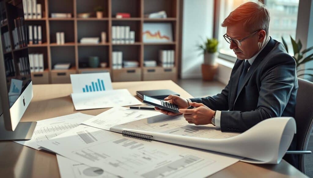 A sleek office environment showcasing a modern desk equipped with detailed blueprints and calculation sheets sprawled out. In the foreground, a professional, wearing smart business attire, is deeply focused on reviewing the documents, with a calculator in one hand and a pencil in the other. The middle ground features charts and graphs on a computer screen, illuminated by soft, natural light streaming in through a nearby window. The background includes shelves filled with engineering books and a potted plant, adding a touch of warmth. The overall mood is one of meticulous attention to detail and professionalism, emphasizing the importance of accurate service pricing calculations.