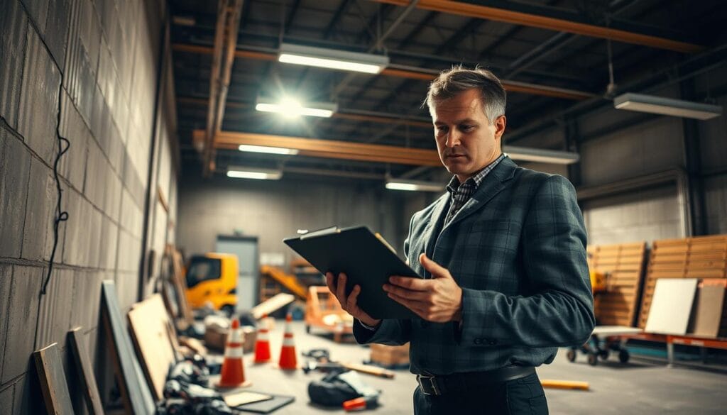A technician carefully examines structural damage inside a dimly lit, industrial workshop. In the foreground, a focused individual in professional business attire holds a clipboard while inspecting a visible crack in a wall, showcasing attention to detail. The middle ground features various tools and equipment scattered around, alongside safety cones and work-related materials, emphasizing an organized workspace. In the background, bright overhead lights cast long shadows, enhancing the serious atmosphere of evaluating potential structural issues. The overall mood is tense yet focused, with a sense of urgency to uncover hidden damages, reflecting the theme of thorough documentation and assessment in technical fields.
