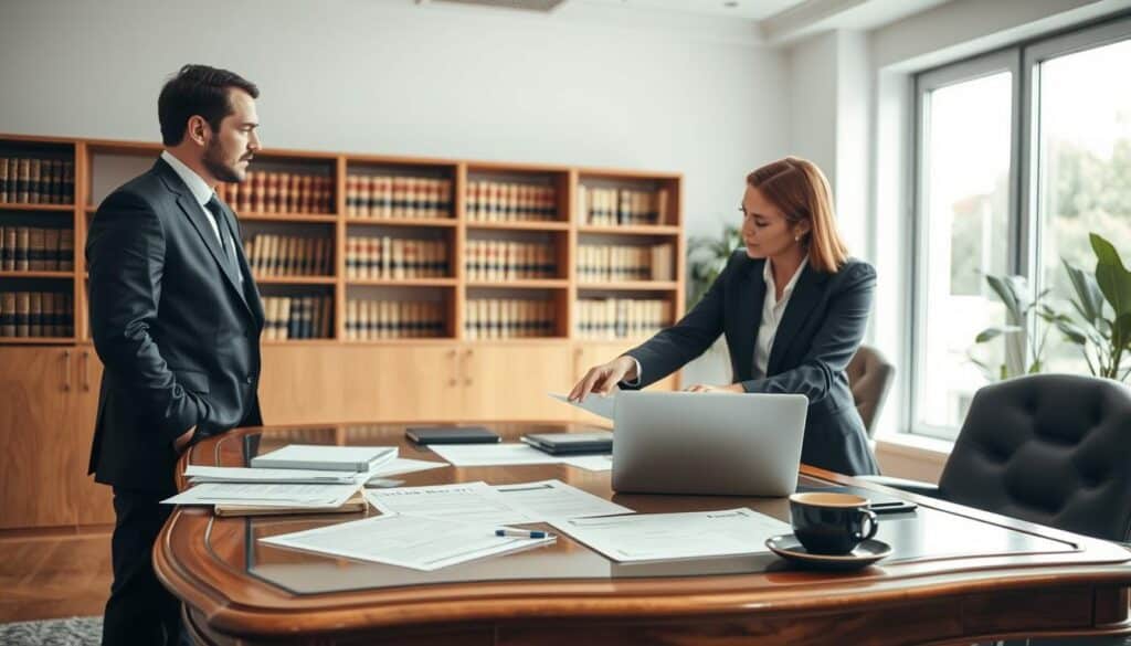 A well-lit office setting featuring a collaborative discussion between a lawyer and a client. In the foreground, a lawyer in a tailored suit is attentively listening, while the client, dressed in professional business attire, is pointing at a document on the table. The middle ground consists of an elegant wooden table scattered with legal papers, a laptop, and a coffee cup, symbolizing a productive meeting. In the background, shelves filled with law books and a large window letting in natural light create a warm atmosphere. The overall mood conveys professionalism and focus, suggesting the importance of legal interpretation in complex calculations. Use soft lighting to enhance the inviting environment, captured with a slight depth of field to emphasize the subjects. A well-lit office setting featuring a collaborative discussion between a lawyer and a client. In the foreground, a lawyer in a tailored suit is attentively listening, while the client, dressed in professional business attire, is pointing at a document on the table. The middle ground consists of an elegant wooden table scattered with legal papers, a laptop, and a coffee cup, symbolizing a productive meeting. In the background, shelves filled with law books and a large window letting in natural light create a warm atmosphere. The overall mood conveys professionalism and focus, suggesting the importance of legal interpretation in complex calculations. Use soft lighting to enhance the inviting environment, captured with a slight depth of field to emphasize the subjects.