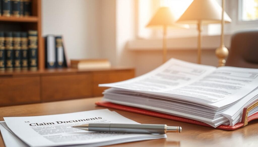 A well-organized office desk scene illustrating essential documents for filing a claim under § 249 BGB. In the foreground, a stack of neatly arranged papers labeled “Claim Documents” alongside a polished pen. The middle layer features an open folder displaying clearly visible, professional-looking forms related to insurance claims. In the background, soft-focus shelves filled with books on legal statutes and an elegant table lamp provide a warm, inviting atmosphere. The room is well-lit by natural light streaming through a window, creating a productive ambiance. The composition emphasizes clarity and professionalism, capturing the importance of proper documentation in claims processes.