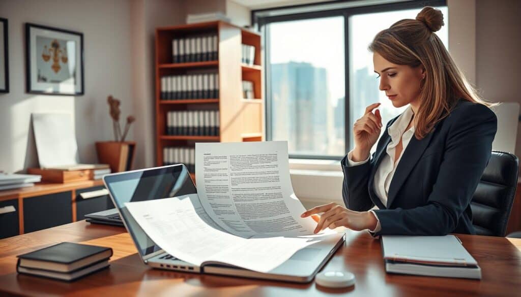 An office setting during the day, featuring a well-organized desk with a laptop open displaying a detailed analysis of insurance policies. In the foreground, a professional woman in business attire examines the documents critically, with a thoughtful expression, representing the importance of independent analysis. The middle ground includes a bookshelf filled with legal references and a large window allowing natural light to flood the space, creating a warm atmosphere. In the background, a cityscape can be seen through the window, illustrating a bustling environment. The lighting is bright and focused, highlighting the analysis on the laptop screen, with a slight lens blur on the background to emphasize the subject's concentration. The mood is professional and contemplative, embodying the value of seeking independent opinions. An office setting during the day, featuring a well-organized desk with a laptop open displaying a detailed analysis of insurance policies. In the foreground, a professional woman in business attire examines the documents critically, with a thoughtful expression, representing the importance of independent analysis. The middle ground includes a bookshelf filled with legal references and a large window allowing natural light to flood the space, creating a warm atmosphere. In the background, a cityscape can be seen through the window, illustrating a bustling environment. The lighting is bright and focused, highlighting the analysis on the laptop screen, with a slight lens blur on the background to emphasize the subject's concentration. The mood is professional and contemplative, embodying the value of seeking independent opinions.