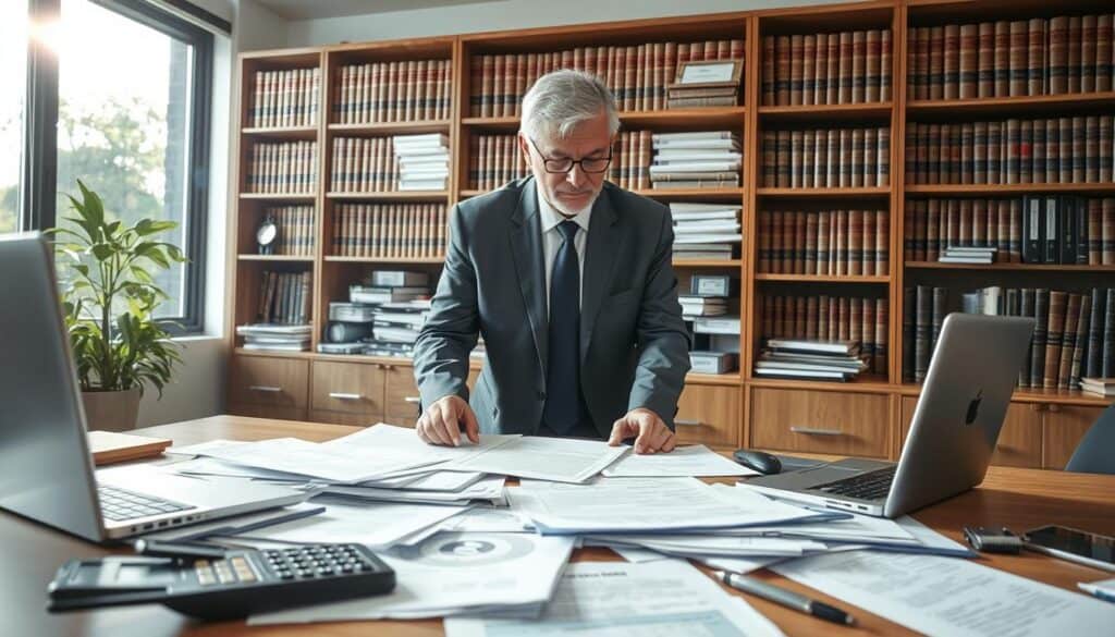 An office setting with a professional atmosphere, showing an insurance adjuster examining various documents on a desk. In the foreground, a neatly organized desk cluttered with claim reports, a laptop, a calculator, and legal pads. The middle ground features the adjuster, a middle-aged man in a tailored suit, focused on assessing the papers under bright, natural sunlight streaming through a large window. A large bookshelf filled with legal books and insurance guidelines can be seen in the background, enhancing the professional ambiance. The overall mood is serious and analytical, emphasizing the importance of thorough damage assessment. The lighting is bright and inviting, showcasing an efficiently organized workspace. An office setting with a professional atmosphere, showing an insurance adjuster examining various documents on a desk. In the foreground, a neatly organized desk cluttered with claim reports, a laptop, a calculator, and legal pads. The middle ground features the adjuster, a middle-aged man in a tailored suit, focused on assessing the papers under bright, natural sunlight streaming through a large window. A large bookshelf filled with legal books and insurance guidelines can be seen in the background, enhancing the professional ambiance. The overall mood is serious and analytical, emphasizing the importance of thorough damage assessment. The lighting is bright and inviting, showcasing an efficiently organized workspace.