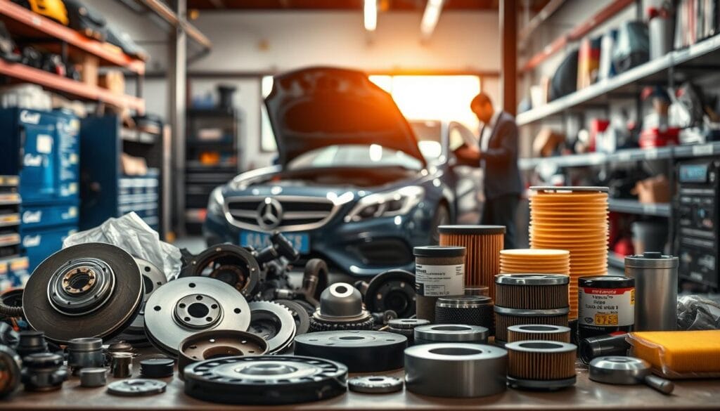 An organized workspace featuring original car parts displayed prominently in the foreground, showcasing a variety of components like brake pads, engine parts, and filters, all meticulously labeled. In the middle ground, a mechanic examining a car under bright, natural daylight, highlighting the importance of using genuine parts for vehicle value and reliability. The background fades into an industrial garage setting, with shelves filled with tools and automotive accessories, creating an authentic automotive atmosphere. Soft, diffused lighting enhances the details of the parts, while the camera angle captures the mechanic in action, emphasizing a sense of professionalism and expertise in the automotive industry. The overall mood is focused and informative, reflecting the significance of genuine car parts. An organized workspace featuring original car parts displayed prominently in the foreground, showcasing a variety of components like brake pads, engine parts, and filters, all meticulously labeled. In the middle ground, a mechanic examining a car under bright, natural daylight, highlighting the importance of using genuine parts for vehicle value and reliability. The background fades into an industrial garage setting, with shelves filled with tools and automotive accessories, creating an authentic automotive atmosphere. Soft, diffused lighting enhances the details of the parts, while the camera angle captures the mechanic in action, emphasizing a sense of professionalism and expertise in the automotive industry. The overall mood is focused and informative, reflecting the significance of genuine car parts.