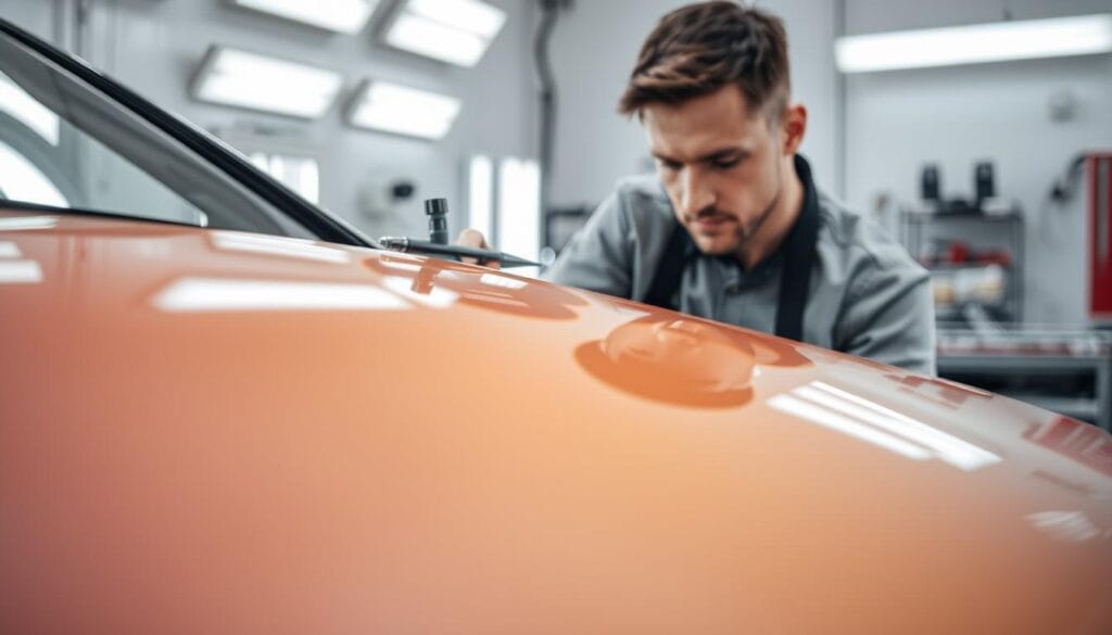 a close-up view of a car undergoing a gradient painting process, showcasing the technique of color shading on the vehicle's surface. In the foreground, focus on the precise application of layers of automotive paint, highlighting the smooth transitions of color from dark to light. The middle ground features a painter in professional attire, carefully wielding an airbrush, with a concentration on their face. The background includes a well-lit automotive workshop with tools and paint booths. Soft, diffused lighting enhances the sheen of the wet paint, while reflections on the car's surface create an elegant, sophisticated atmosphere. The overall mood is one of craftsmanship and attention to detail, emphasizing the aesthetic and technological aspects of paint shading.