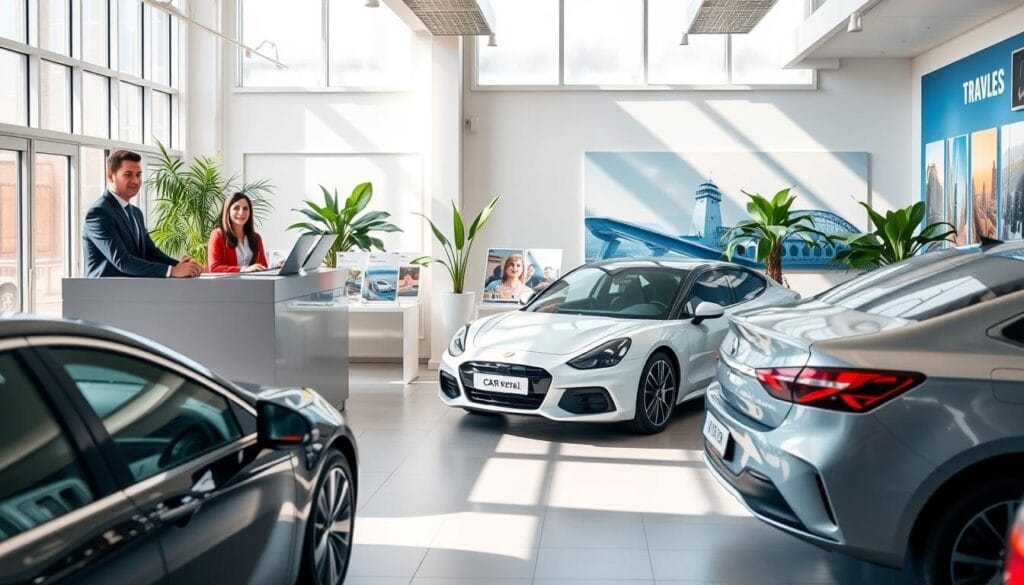 A bright and airy car rental office interior, featuring a modern reception desk with a friendly attendant in professional business attire welcoming customers. In the foreground, a variety of sleek rental cars in different colors and models are displayed prominently. The middle ground showcases a well-organized space with brochures on car rental options laid out neatly. Natural light pours in through large windows, casting soft shadows and creating a warm, inviting atmosphere. The background includes potted plants for a touch of greenery and engaging visuals of famous travel destinations to imply practical travel choices. The image captures a sense of professionalism and sensible cost options in an appealing, accessible environment. A bright and airy car rental office interior, featuring a modern reception desk with a friendly attendant in professional business attire welcoming customers. In the foreground, a variety of sleek rental cars in different colors and models are displayed prominently. The middle ground showcases a well-organized space with brochures on car rental options laid out neatly. Natural light pours in through large windows, casting soft shadows and creating a warm, inviting atmosphere. The background includes potted plants for a touch of greenery and engaging visuals of famous travel destinations to imply practical travel choices. The image captures a sense of professionalism and sensible cost options in an appealing, accessible environment.