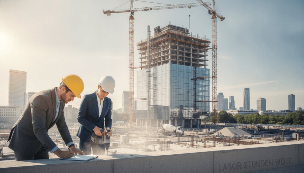 A bustling construction site in Germany, showcasing a diverse group of workers in professional business attire, engaged in various tasks. In the foreground, a skilled laborer inspects blueprints on a clipboard, while another drills into a concrete slab. The middle of the scene features a partially constructed building, with scaffolding and construction machinery like cranes and concrete mixers. In the background, urban landscapes with modern architecture are visible against a bright, clear sky, suggesting a productive workday. The lighting is bright and natural, emphasizing the activity and energy on the site. A wide-angle perspective captures the depth of the scene, conveying a sense of scale and collaboration. The mood is industrious and focused, reflecting the importance of labor hours in construction valuation. A bustling construction site in Germany, showcasing a diverse group of workers in professional business attire, engaged in various tasks. In the foreground, a skilled laborer inspects blueprints on a clipboard, while another drills into a concrete slab. The middle of the scene features a partially constructed building, with scaffolding and construction machinery like cranes and concrete mixers. In the background, urban landscapes with modern architecture are visible against a bright, clear sky, suggesting a productive workday. The lighting is bright and natural, emphasizing the activity and energy on the site. A wide-angle perspective captures the depth of the scene, conveying a sense of scale and collaboration. The mood is industrious and focused, reflecting the importance of labor hours in construction valuation.