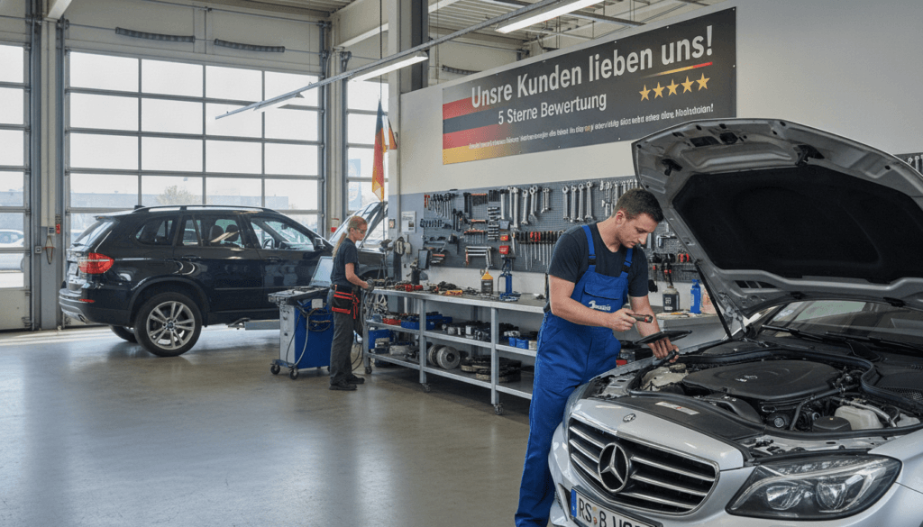 A busy automotive repair shop in Germany, showcasing a variety of vehicles being serviced by professional mechanics. In the foreground, a mechanic in professional attire is inspecting a car engine, while another mechanic is working on a vehicle lift in the background. The middle ground features tools and parts neatly organized on a workbench, with a large banner on the wall displaying positive customer reviews and ratings. Bright, natural lighting flows through large windows, casting soft shadows and creating a welcoming atmosphere. The workshop environment is clean and modern, with hints of German engineering, like quality car parts and diagnostic equipment. Overall, the image conveys professionalism, trust, and a high standard of service in auto repair. A busy automotive repair shop in Germany, showcasing a variety of vehicles being serviced by professional mechanics. In the foreground, a mechanic in professional attire is inspecting a car engine, while another mechanic is working on a vehicle lift in the background. The middle ground features tools and parts neatly organized on a workbench, with a large banner on the wall displaying positive customer reviews and ratings. Bright, natural lighting flows through large windows, casting soft shadows and creating a welcoming atmosphere. The workshop environment is clean and modern, with hints of German engineering, like quality car parts and diagnostic equipment. Overall, the image conveys professionalism, trust, and a high standard of service in auto repair.