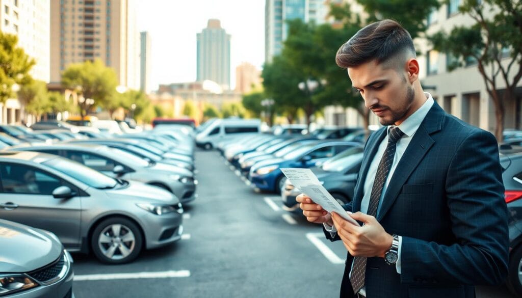 A busy urban parking lot on a sunny day, featuring a variety of cars parked in designated spaces. In the foreground, a professional-looking individual in smart casual attire is examining a parking receipt, highlighting the importance of documenting expenses. The middle ground showcases a mix of vehicles, including sedans and vans, with neatly painted lines indicating parking spots. In the background, there are tall buildings and trees framing the scene, enhancing the city ambiance. The lighting is bright and inviting, capturing the vibrancy of a typical day. A slight depth of field effect is applied, focusing on the individual and the receipt while softly blurring the surrounding cars. The overall atmosphere conveys a sense of organization and attention to detail in managing parking expenses.