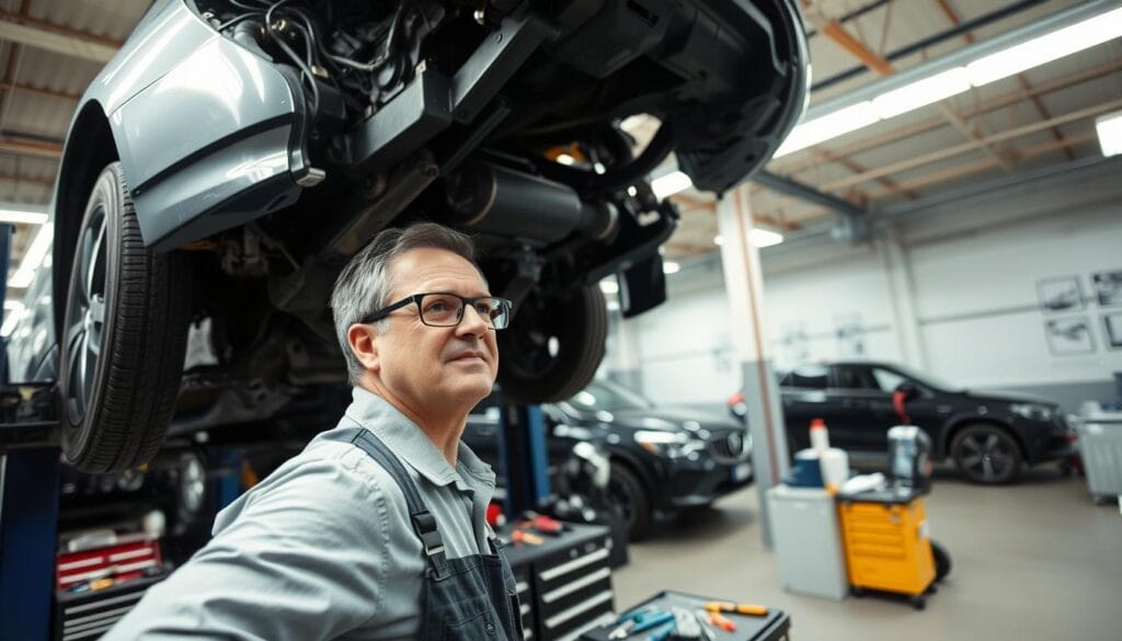 A busy vehicle repair shop with a mechanic working diligently under a car. In the foreground, capture the mechanic, a middle-aged man in professional work attire, wearing safety glasses and focused on inspecting the vehicle's engine. The middle ground features a well-organized tool bench cluttered with various repair tools, while a partially disassembled vehicle is raised on a hydraulic lift. The background shows additional vehicles waiting for service, with posters outlining repair guidelines on the walls. Bright fluorescent lighting illuminates the scene, creating a clear and efficient atmosphere. The angle is slightly low, emphasizing the mechanic's concentration and the intricate details of the vehicle components. The overall mood conveys professionalism and the technical complexities involved in vehicle repair. A busy vehicle repair shop with a mechanic working diligently under a car. In the foreground, capture the mechanic, a middle-aged man in professional work attire, wearing safety glasses and focused on inspecting the vehicle's engine. The middle ground features a well-organized tool bench cluttered with various repair tools, while a partially disassembled vehicle is raised on a hydraulic lift. The background shows additional vehicles waiting for service, with posters outlining repair guidelines on the walls. Bright fluorescent lighting illuminates the scene, creating a clear and efficient atmosphere. The angle is slightly low, emphasizing the mechanic's concentration and the intricate details of the vehicle components. The overall mood conveys professionalism and the technical complexities involved in vehicle repair.
