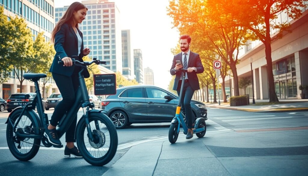 A city scene depicting alternative modes of transportation in the foreground. Include a modern electric bike, a scooter, and a pedestrian using a smartphone, all in professional attire. In the middle ground, feature a car parked on the side of the road with a "parking" sign visible. The background shows a vibrant urban environment with trees, modern buildings, and a clear blue sky, capturing a sunny day. The lighting is soft and bright, suggesting a cheerful ambiance. Use a slight downward angle to emphasize the modes of transport, creating a dynamic perspective. The overall mood should feel innovative and progressive, highlighting the importance of alternatives to traditional car usage in city life. A city scene depicting alternative modes of transportation in the foreground. Include a modern electric bike, a scooter, and a pedestrian using a smartphone, all in professional attire. In the middle ground, feature a car parked on the side of the road with a "parking" sign visible. The background shows a vibrant urban environment with trees, modern buildings, and a clear blue sky, capturing a sunny day. The lighting is soft and bright, suggesting a cheerful ambiance. Use a slight downward angle to emphasize the modes of transport, creating a dynamic perspective. The overall mood should feel innovative and progressive, highlighting the importance of alternatives to traditional car usage in city life.