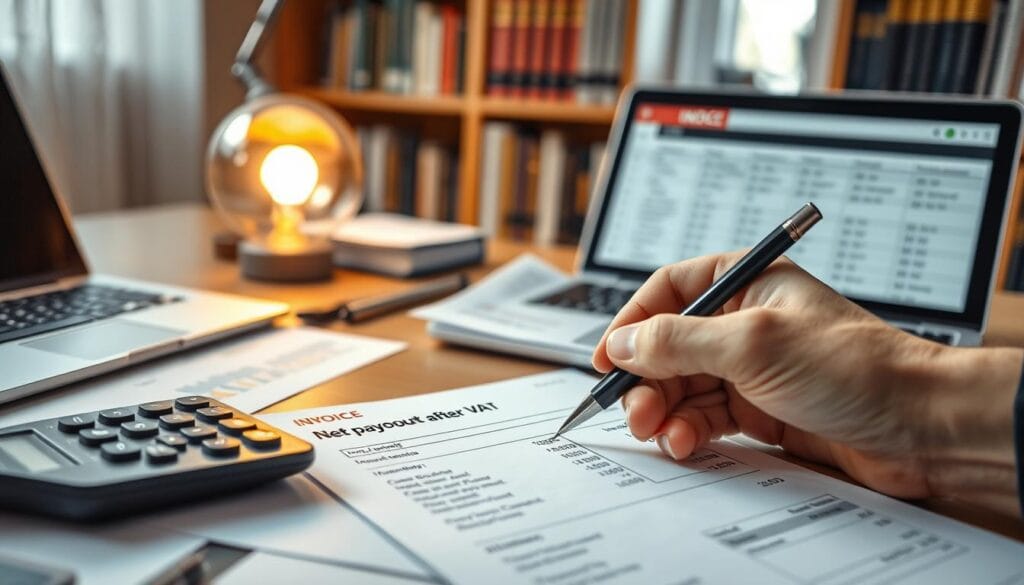 A close-up view of a professional accountant’s workspace, showcasing a calculator, financial documents, and a neatly organized desk with a laptop open displaying a financial spreadsheet. The foreground features a hand holding a pen, poised over an invoice with detailed calculations on net payout after VAT. In the middle, a bright desk lamp casts warm light, illuminating the workspace while shadows enhance the methodical atmosphere. The background reveals a well-stocked bookshelf filled with finance books, adding a sense of professionalism and depth. The mood is focused and analytical, with an emphasis on clarity and accuracy in financial matters. The scene should evoke a sense of diligence and responsibility in handling net payout calculations. A close-up view of a professional accountant’s workspace, showcasing a calculator, financial documents, and a neatly organized desk with a laptop open displaying a financial spreadsheet. The foreground features a hand holding a pen, poised over an invoice with detailed calculations on net payout after VAT. In the middle, a bright desk lamp casts warm light, illuminating the workspace while shadows enhance the methodical atmosphere. The background reveals a well-stocked bookshelf filled with finance books, adding a sense of professionalism and depth. The mood is focused and analytical, with an emphasis on clarity and accuracy in financial matters. The scene should evoke a sense of diligence and responsibility in handling net payout calculations.