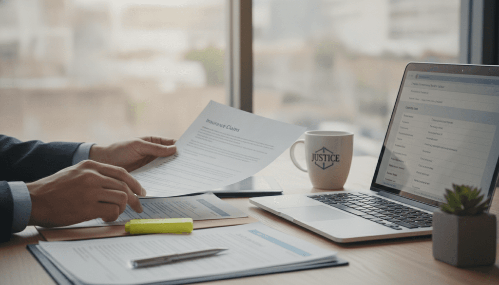 A close-up view of an office desk in a well-lit room, featuring legal documents and a laptop open to a claims form. In the foreground, a pair of hands, dressed in formal attire, are sifting through paperwork, highlighting important sections, indicating purposeful validation of claims. The middle ground showcases a coffee cup and a small plant, contributing to a productive atmosphere. In the background, a blurred window allows soft, natural light to filter in, enhancing the sense of focus and resolution. The mood conveys determination and professionalism, reflecting the importance of validating one’s concerns about hidden damages that may emerge later. The image captures an essence of diligence and careful analysis in the pursuit of seeking compensation. A close-up view of an office desk in a well-lit room, featuring legal documents and a laptop open to a claims form. In the foreground, a pair of hands, dressed in formal attire, are sifting through paperwork, highlighting important sections, indicating purposeful validation of claims. The middle ground showcases a coffee cup and a small plant, contributing to a productive atmosphere. In the background, a blurred window allows soft, natural light to filter in, enhancing the sense of focus and resolution. The mood conveys determination and professionalism, reflecting the importance of validating one’s concerns about hidden damages that may emerge later. The image captures an essence of diligence and careful analysis in the pursuit of seeking compensation.
