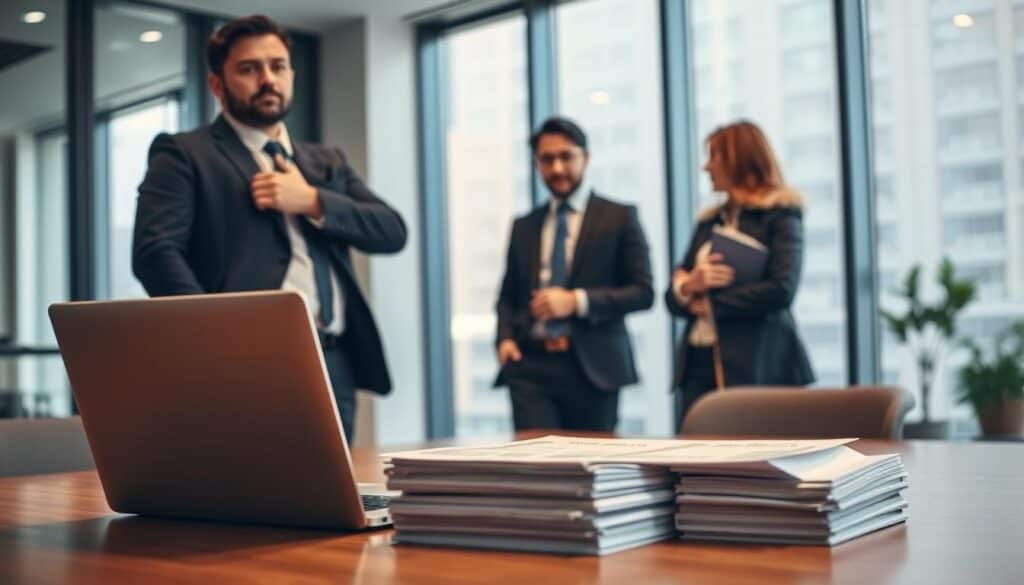 A confident business professional, dressed in a smart business suit, stands at a negotiation table, showcasing strong body language that conveys assurance. In the foreground, a sleek laptop and a stack of documents representing property evaluations are carefully arranged. The middle ground features two additional professionals, one engaged in discussion, while the other observes with a thoughtful expression. The background reveals a well-lit modern office environment with large windows, allowing natural light to illuminate the scene, creating a warm yet professional atmosphere. The image captures the essence of trust and expertise, with soft focus blending to enhance the mood while emphasizing the key elements of negotiation and confidence in property assessment.