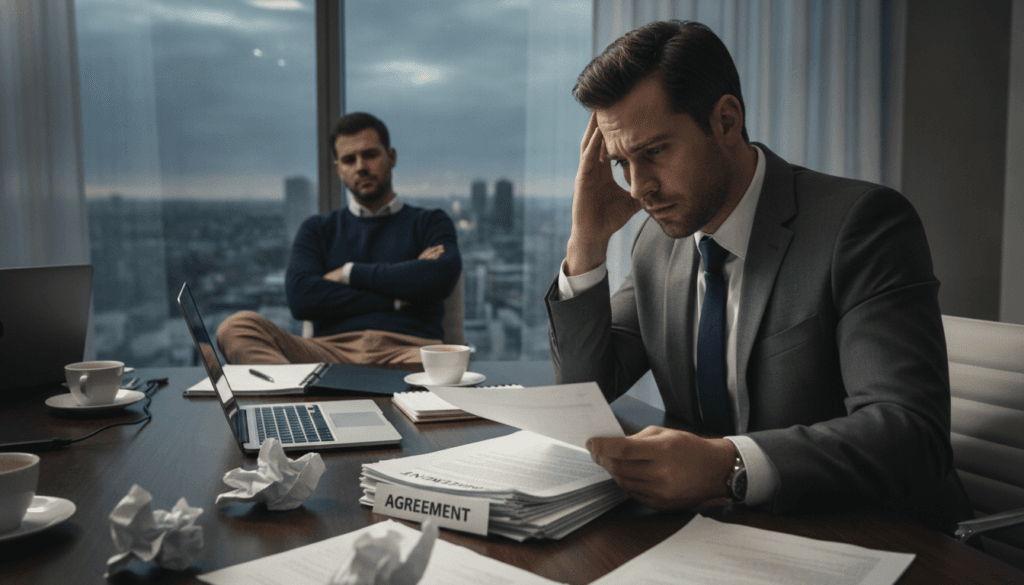 A conflicted business negotiation scene in a sleek, modern office setting. In the foreground, a frustrated but determined professional in business attire examines a stack of documents labeled “Agreement” with a worried expression, surrounded by crumpled papers. In the middle ground, a somber-looking colleague leans back in a chair, arms crossed, wearing casual but neat clothing, symbolizing disagreement. The background features a large window with cityscape views, casting dramatic light through sheer curtains, adding a sense of urgency. A polished conference table is partially visible, cluttered with coffee cups and laptops, enhancing the atmosphere of tension and serious discussion. The overall mood is one of frustration and contemplation, suggesting the weight of unfavorable decisions. A conflicted business negotiation scene in a sleek, modern office setting. In the foreground, a frustrated but determined professional in business attire examines a stack of documents labeled “Agreement” with a worried expression, surrounded by crumpled papers. In the middle ground, a somber-looking colleague leans back in a chair, arms crossed, wearing casual but neat clothing, symbolizing disagreement. The background features a large window with cityscape views, casting dramatic light through sheer curtains, adding a sense of urgency. A polished conference table is partially visible, cluttered with coffee cups and laptops, enhancing the atmosphere of tension and serious discussion. The overall mood is one of frustration and contemplation, suggesting the weight of unfavorable decisions.