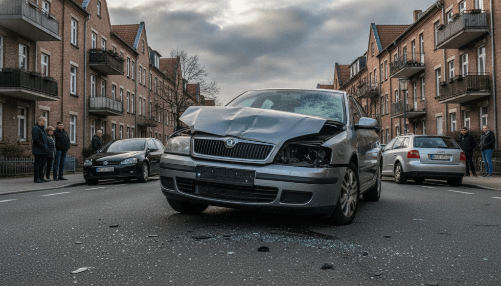 A damaged Skoda car after an accident on a street in Germany. In the foreground, the crumpled front of the vehicle is clearly visible, showcasing details like shattered glass and bent metal. The middle ground features a quiet urban environment with typical German architecture, including brick buildings and parked cars, creating a sense of realism. The background captures a cloudy sky, reflecting a somber, overcast day, enhancing the mood of the scene. The lighting is soft and diffuse, simulating natural light as if late in the afternoon. The angle of the shot is slightly low, emphasizing the damage while providing context to the surrounding area, evoking a sense of caution and reflection on the realities of car repairs in Germany. A damaged Skoda car after an accident on a street in Germany. In the foreground, the crumpled front of the vehicle is clearly visible, showcasing details like shattered glass and bent metal. The middle ground features a quiet urban environment with typical German architecture, including brick buildings and parked cars, creating a sense of realism. The background captures a cloudy sky, reflecting a somber, overcast day, enhancing the mood of the scene. The lighting is soft and diffuse, simulating natural light as if late in the afternoon. The angle of the shot is slightly low, emphasizing the damage while providing context to the surrounding area, evoking a sense of caution and reflection on the realities of car repairs in Germany.