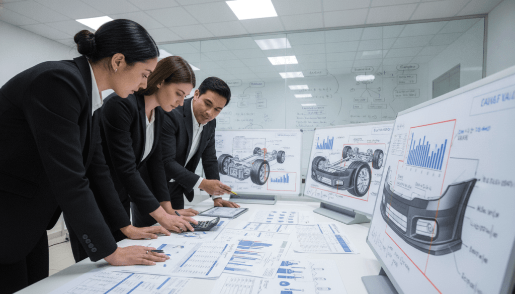 A detailed and analytical scene depicting a professional environment focused on vehicle repair cost analysis. In the foreground, a diverse group of three professionals in business attire, including a man and two women, are intensely reviewing a detailed cost estimation document spread out on a table. The middle ground features technical illustrations of car parts, with highlighted sections on replacement costs and depreciation values. In the background, equipment like a large whiteboard filled with diagrams and notes adds depth and context to the analysis. The lighting is bright and focused, creating a serious and engaging atmosphere, as if capturing a pivotal moment of discussion. The perspective is slightly tilted from above, showcasing the document and the professionals’ engaged expressions.